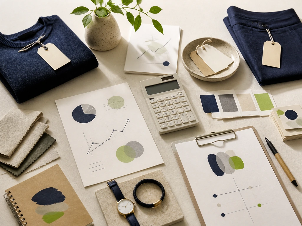 Retail planning desk with product samples, blank tags and calculator.