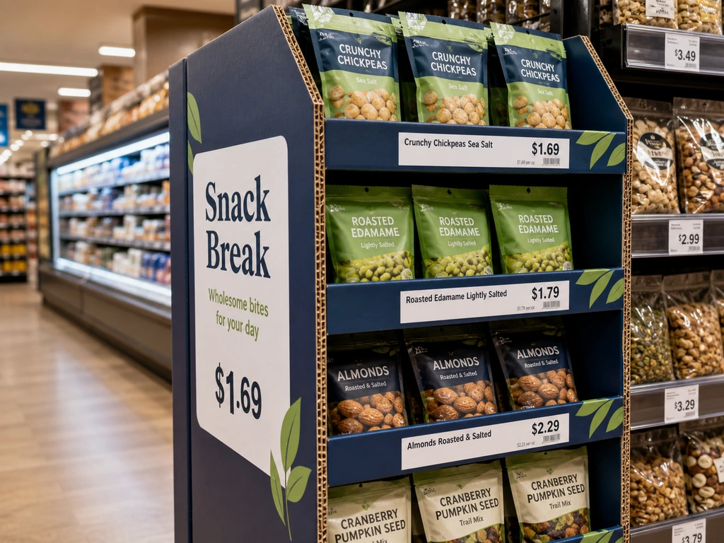 Corrugated cardboard point-of-purchase display in a grocery aisle.