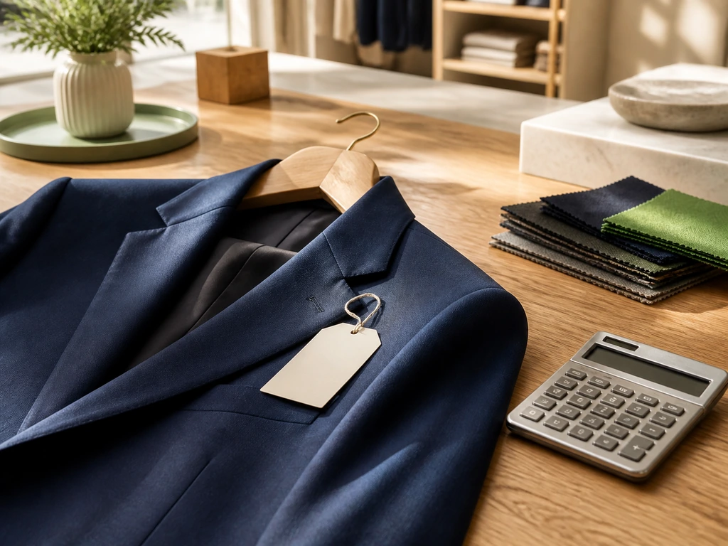 Navy jacket, blank price tag and calculator on a retail worktable.