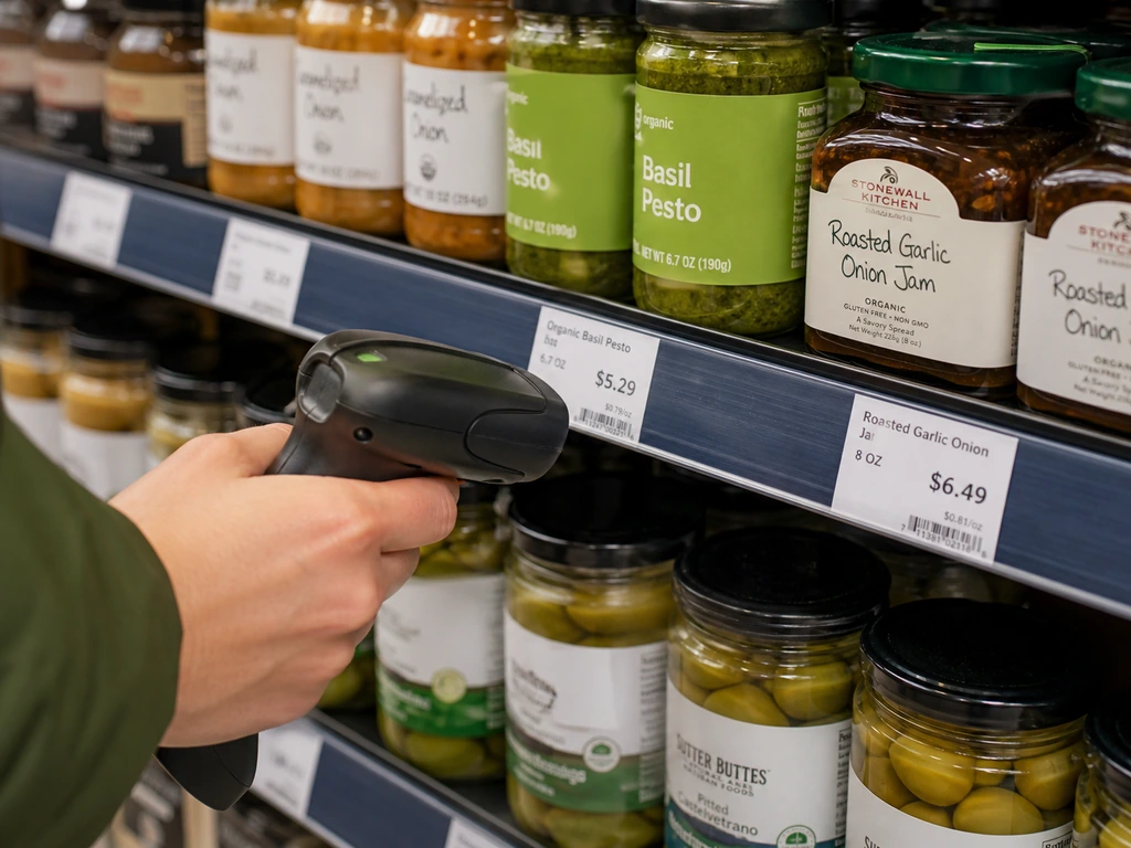 Retail worker scanning a shelf price label in a grocery aisle.