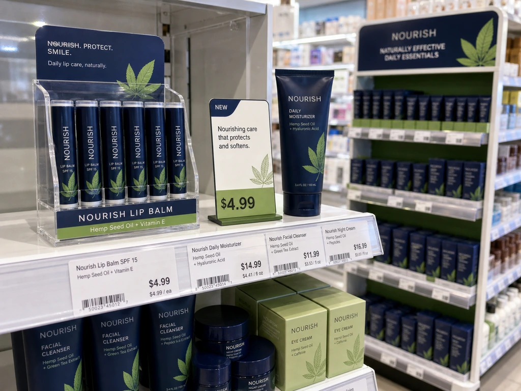 Acrylic countertop display and shelf talker in a cosmetics aisle.