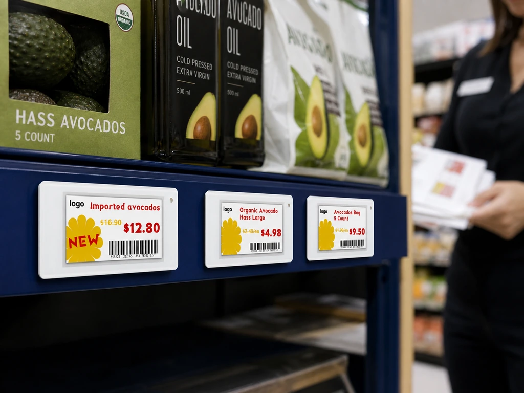 Zhsunyco-style white electronic shelf labels on a grocery shelf.
