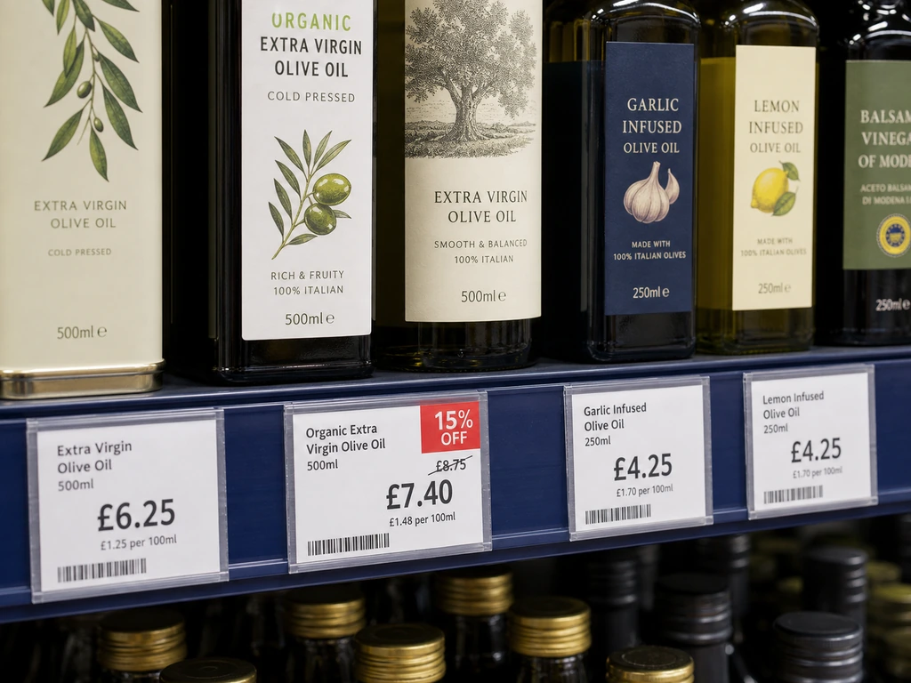 Shelf labels showing a measured promotion on grocery products.