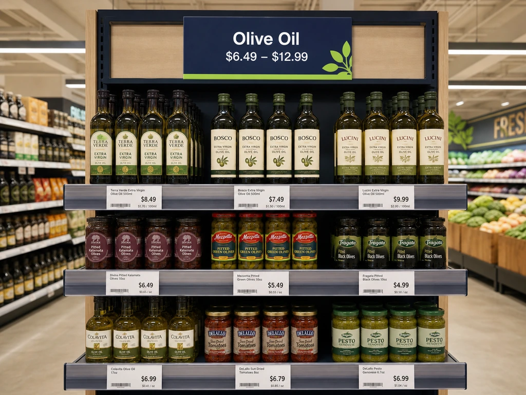 Grouped grocery end-cap with category header and shelf price labels.