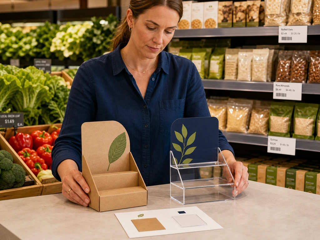 Retail merchandiser comparing cardboard and acrylic POP display materials.