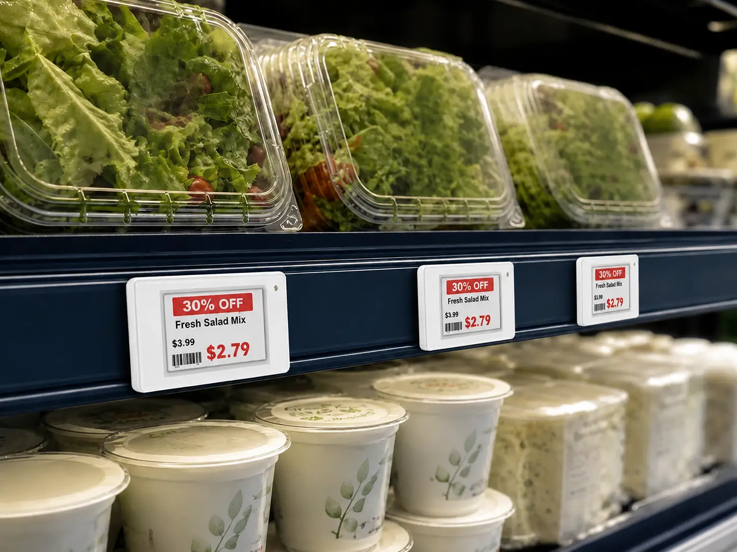 White electronic shelf labels showing markdowns on a chilled grocery shelf.
