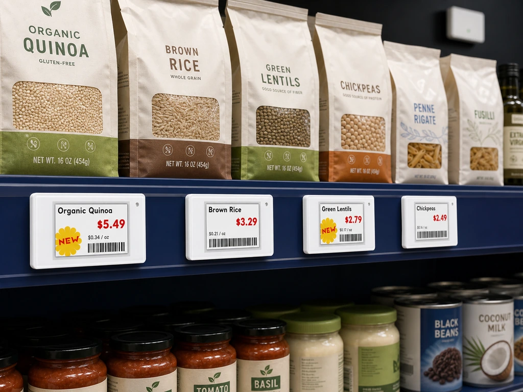 White electronic shelf labels on a specialty grocery shelf.