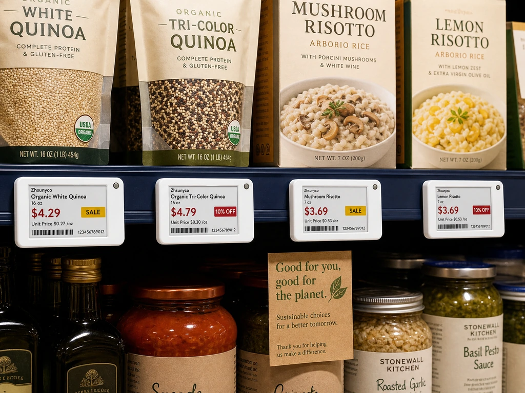 White Zhsunyco electronic shelf labels in a specialty grocery shelf rail.