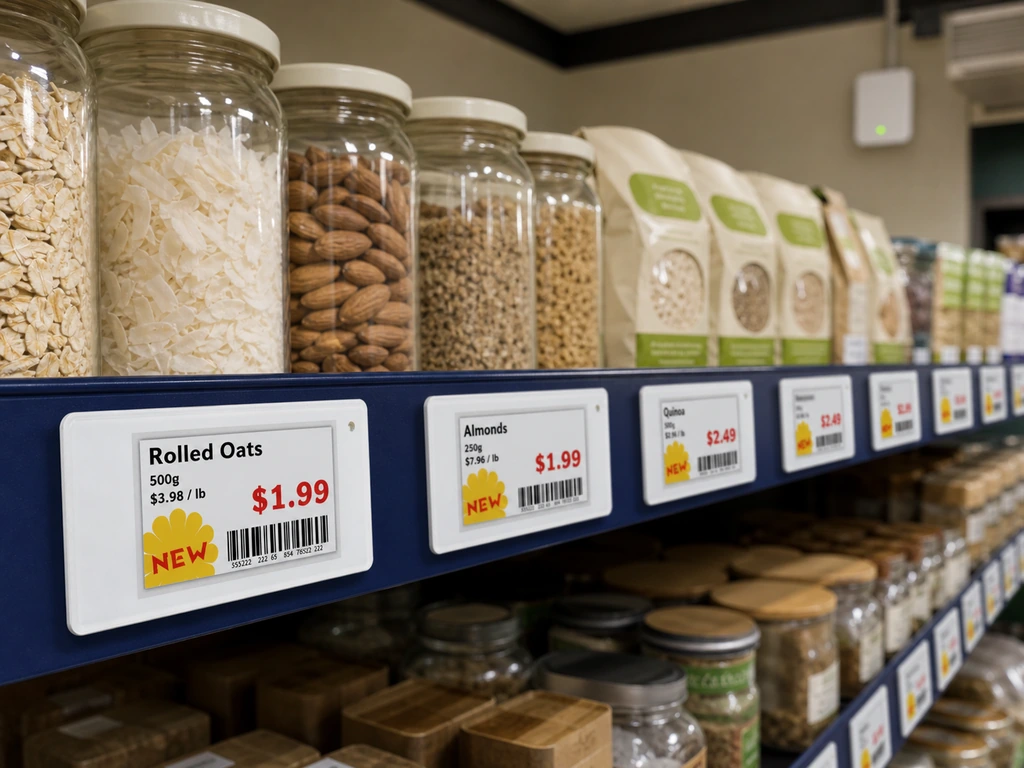 White electronic shelf labels connected across a grocery shelf.