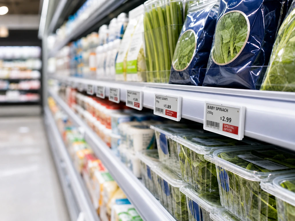 Electronic shelf labels displaying live product pricing on a grocery shelf