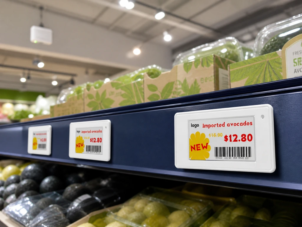 White electronic shelf labels and a store gateway in a grocery aisle.