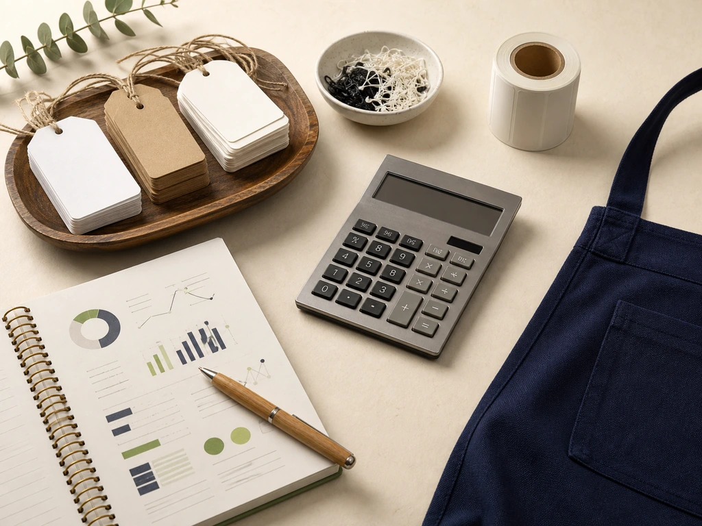 Paper pricing tags and calculator on a retail operations desk.