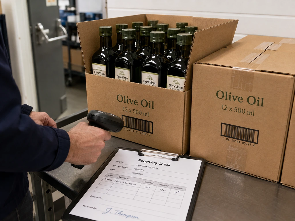 Un manutentionnaire du rayon épicerie scanne un carton d’huile d’olive à côté d’une liste de réception.