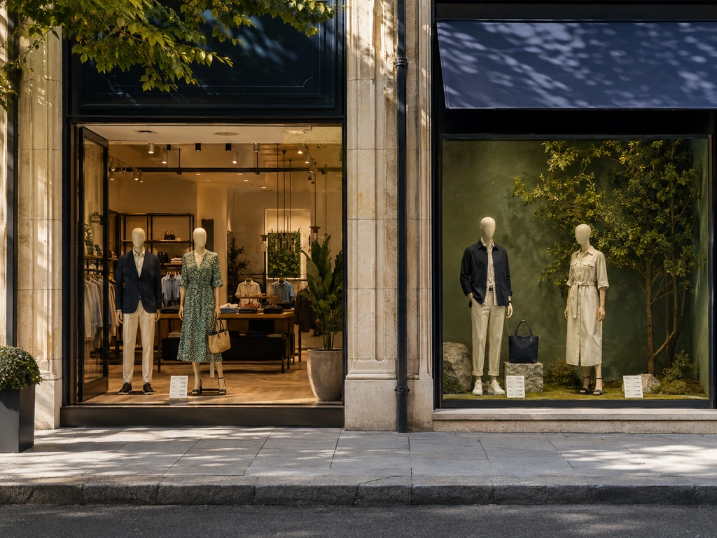 Adjacent open-back and closed-back boutique window displays.