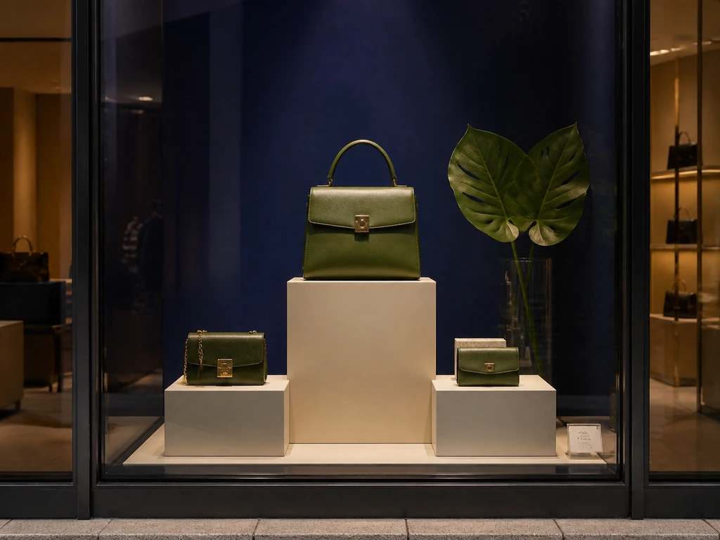 Three green handbags arranged at different heights in a boutique window.