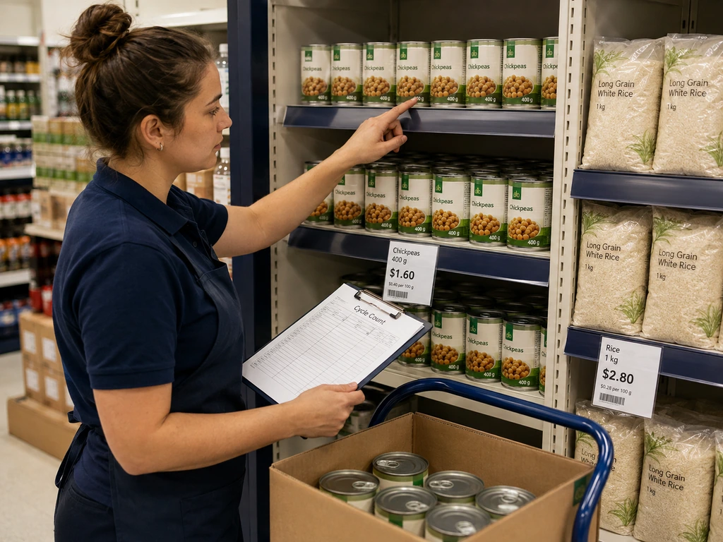Un employé de supermarché compte des boîtes de pois chiches à l'aide d'un bloc-notes, à proximité du stock de réserve.