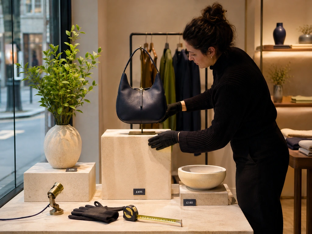 Visual merchandiser arranging a handbag and supporting props on display plinths.