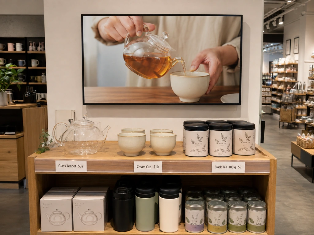 Expoziție de ceai pentru comerțul cu amănuntul, care combină o demonstrație digitală de preparare a ceaiului cu un set de accesorii pentru ceai corespunzător.