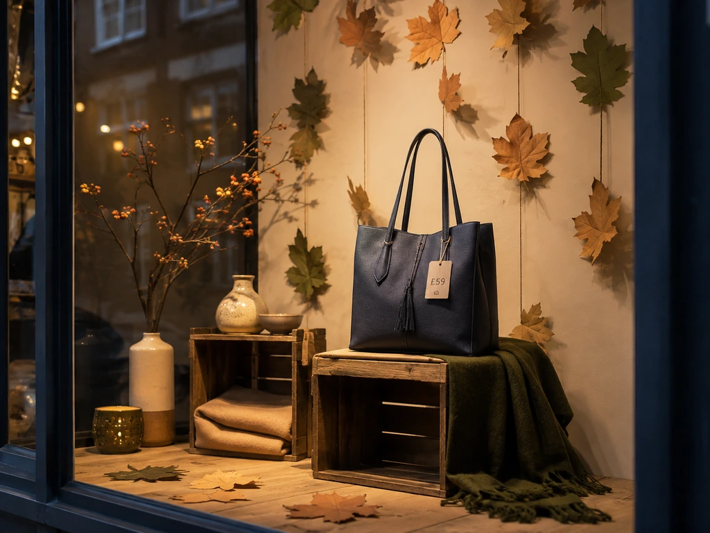 Autumn window display with wooden crates, paper leaves, textiles, and a handbag.