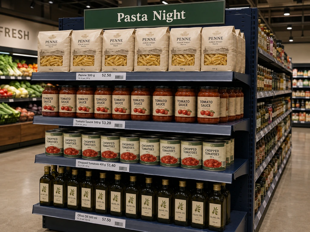 Rafturi de capăt din magazinele alimentare care grupează paste, sos de roșii, roșii la conservă și ulei de măsline, cu prețuri individuale clar afișate.