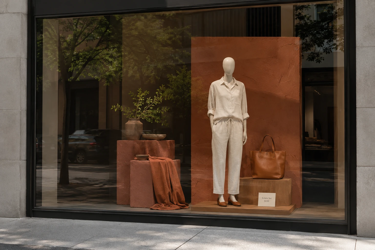 Retail window display with terracotta props and a cream linen outfit.