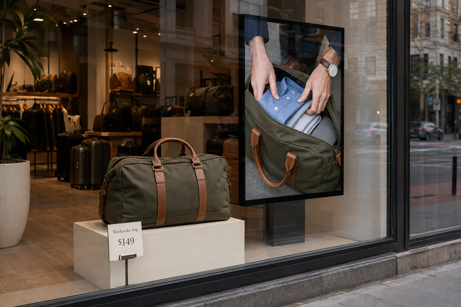 Storefront window combining an LCD packing demonstration with a matching physical weekender bag.