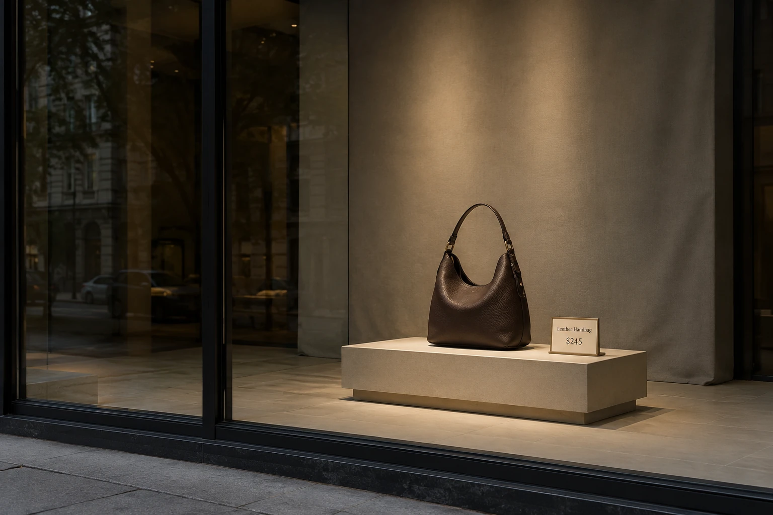 Brown leather handbag on a raised plinth in a minimalist shop window display.