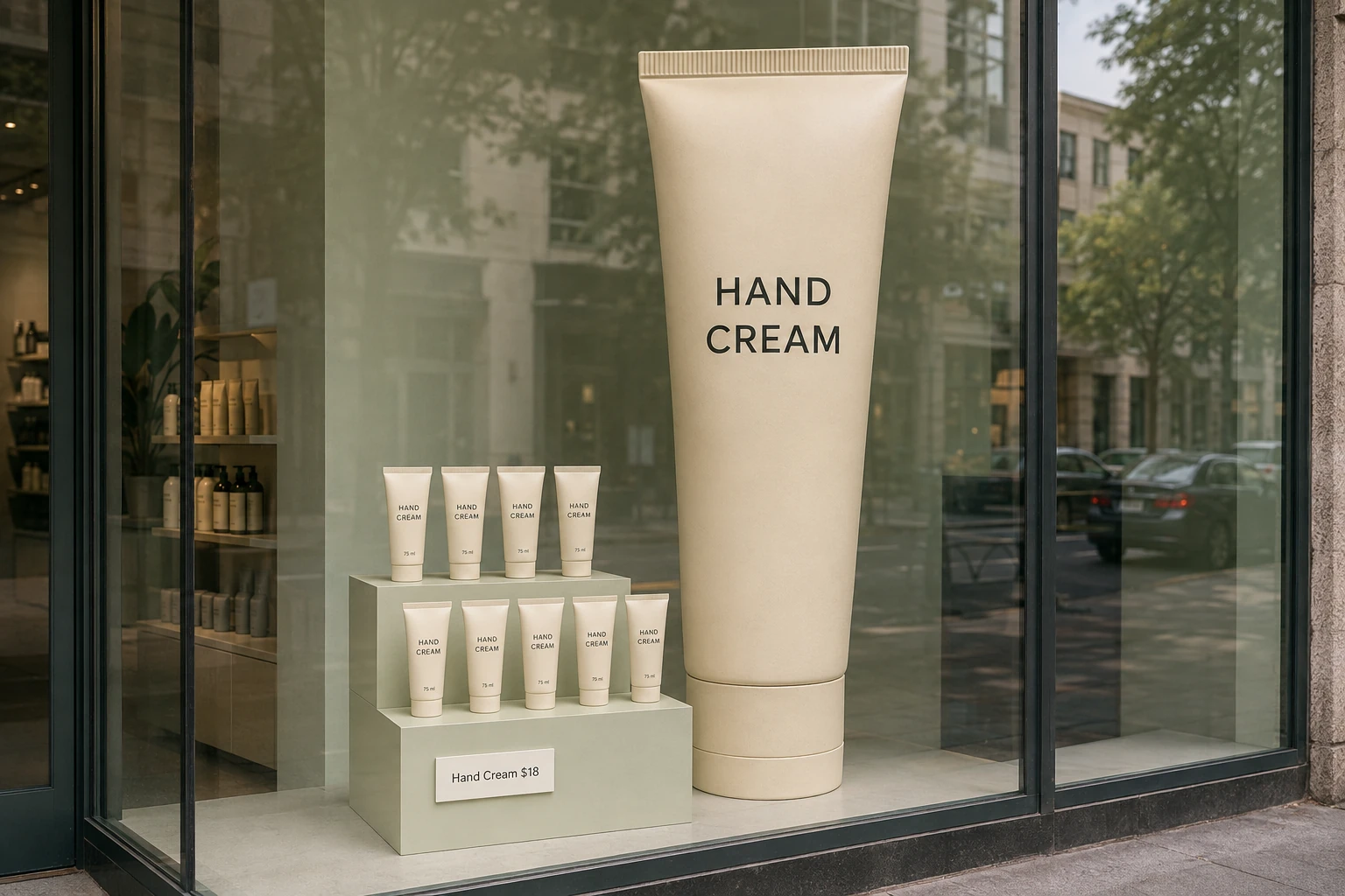 Oversized hand cream tube prop beside regular-size skincare merchandise in a shop window.
