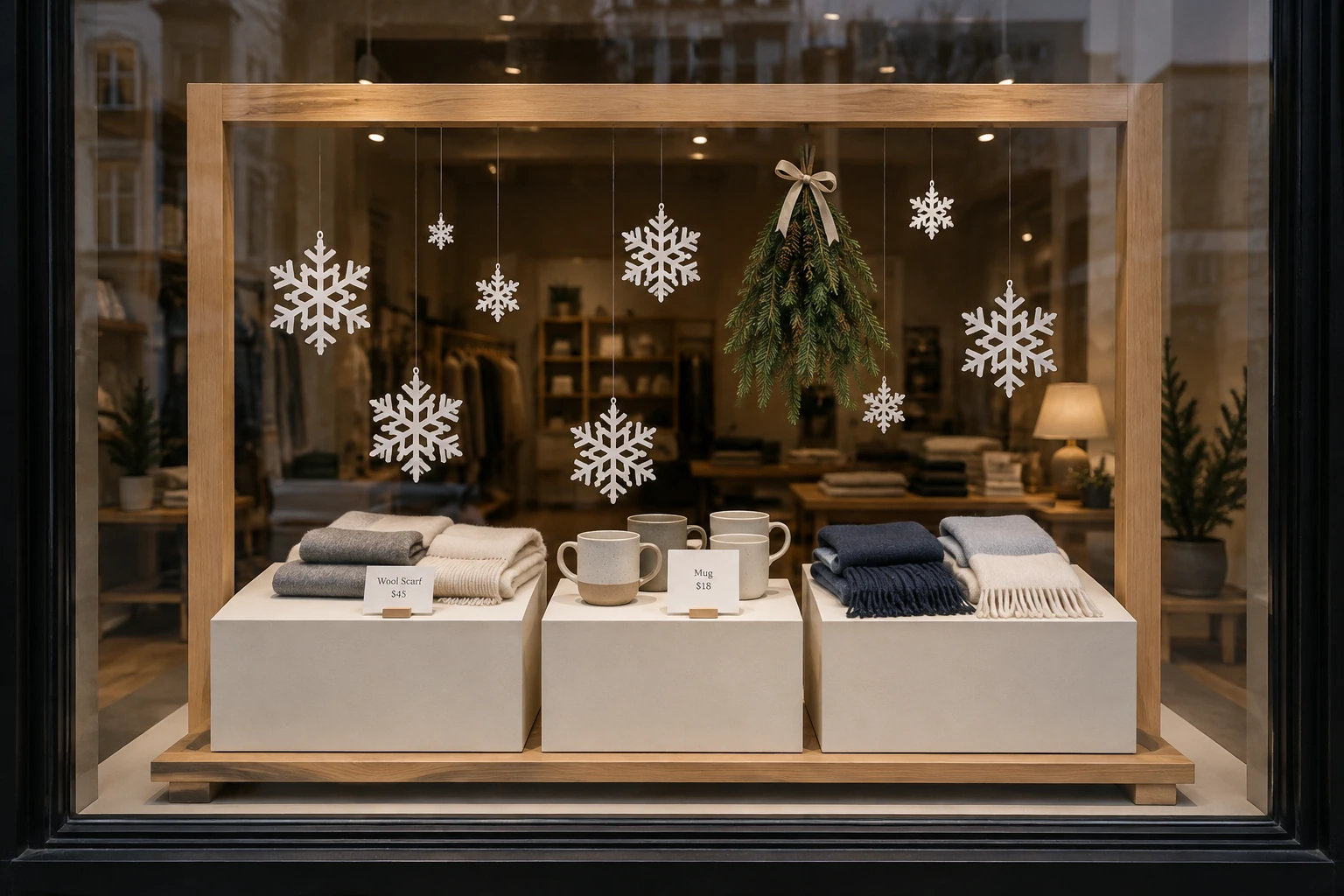 Winter shop window display with a wooden frame, neutral plinths, and hanging snowflakes.
