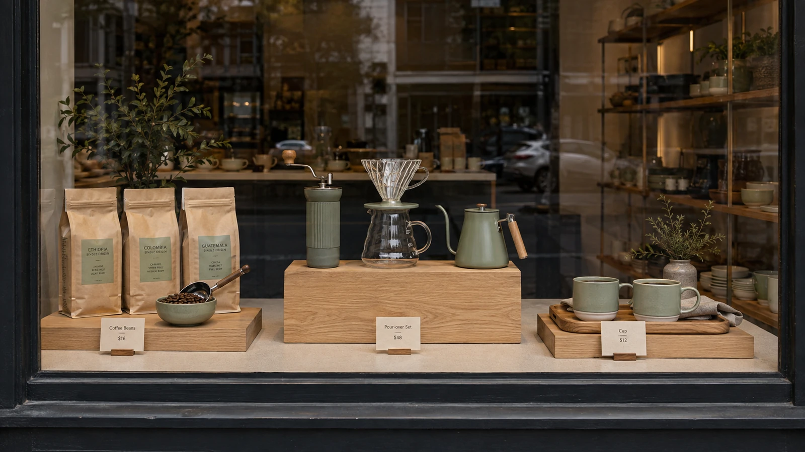 Three connected shop window scenes showing coffee selection, preparation, and serving.
